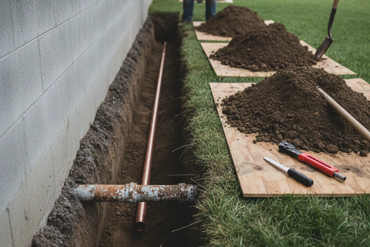 Excavated water line trench during Water Heater Repair in East Waterford